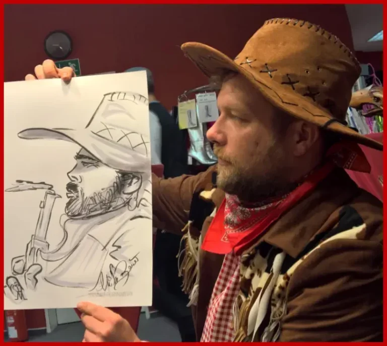 Karikatur Zeichnung, Schnellzeichnung  Mann mit Cowboyhut und Revolver