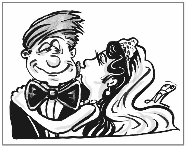 Frau küsst Mann, Hochzeit Karikatur Zeichnung, Schnellzeichnung auf einer Hochzeit  